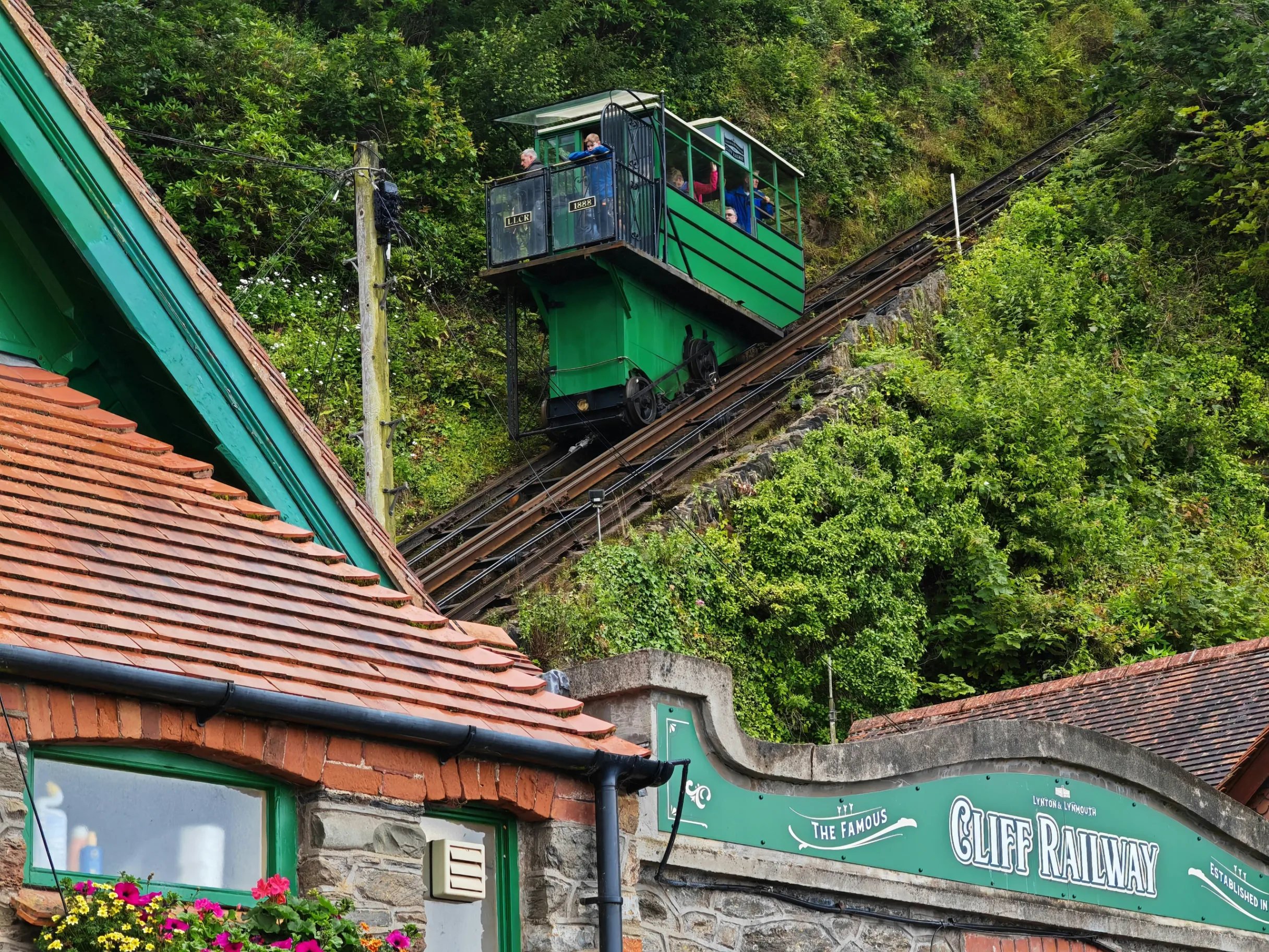 A carriage of the water-powered Lynton and Lynmouth Cliff Railway on the steep track up the cliff in North Devon