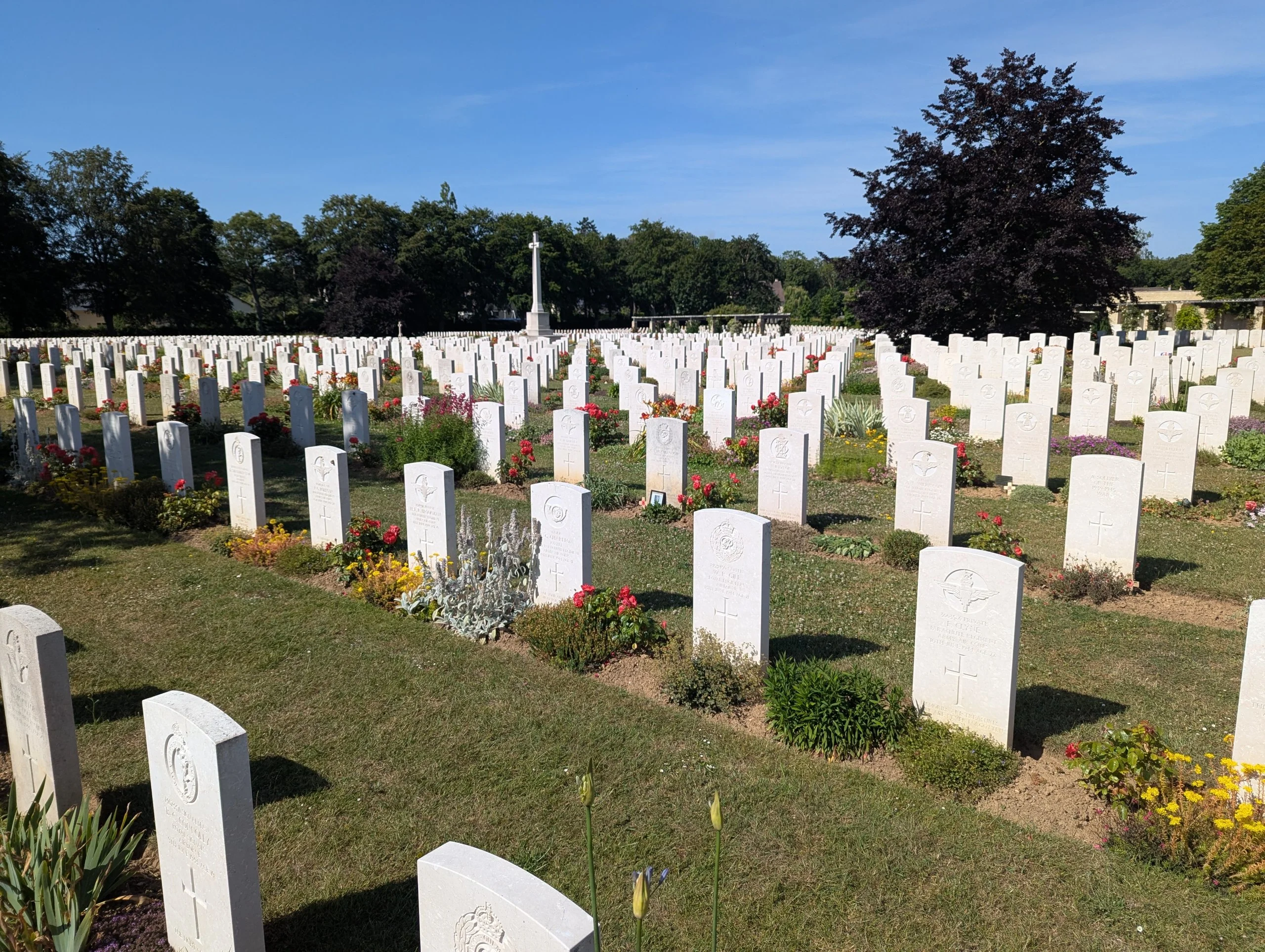 a field of white war graves with beautifully kept gardens with red flowers